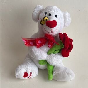 White Teddy Bear with Red Rose, Bow, & Bee
